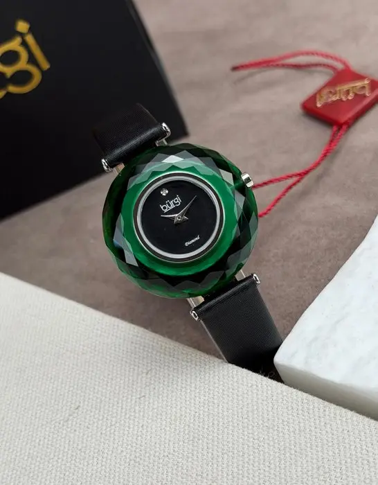 Burgi - Faceted Crystal Bezel Diamond Black Dial - No...