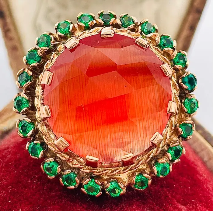No reserve price - Ring - 9 kt. Rose gold, Silver Fire Opal - Emerald