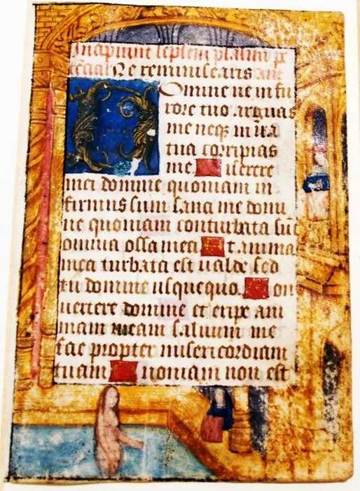 Miniatore di tradizione Franco-Fiamminga - Betsabea Nuda al Bagno - 1500