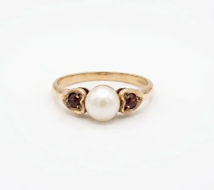 No reserve price - Ring - 9 kt. Yellow gold Pearl - Garnet