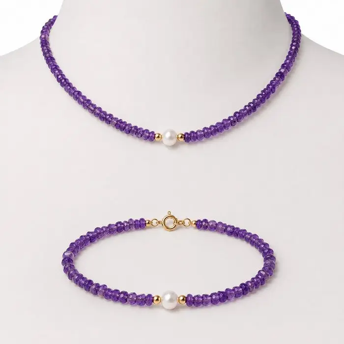 No reserve price - Necklace - 18 kt. Yellow gold Amethyst - Pearl