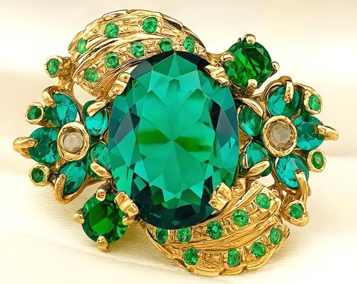No reserve price - Ring - 9 kt. Yellow gold, Silver Emerald - Diamond