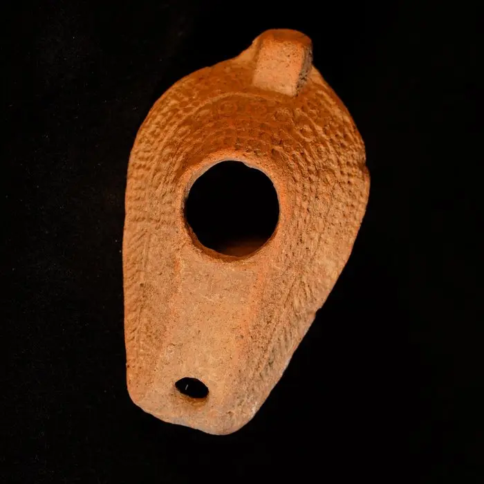 Islamic Terracotta Oil Lamp with Geometric Decoration, 11 cm