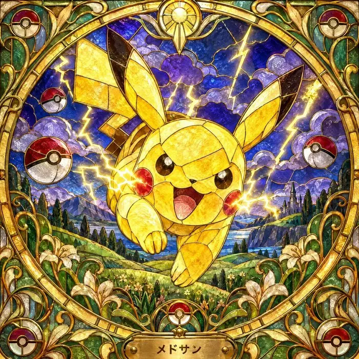 MEDSAN - Stained Glass Pikachu in the Storm (嵐を駆けるステンドグラスのピカチュウ) - UNIQUE WORK
