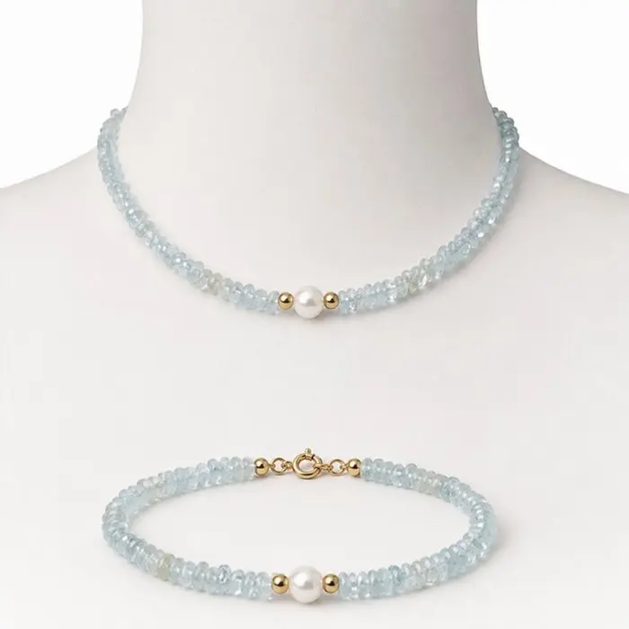 No reserve price - Necklace - 18 kt. Yellow gold Aquamarine - Pearl
