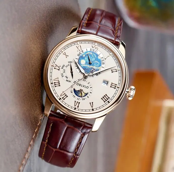 Oblvlo - Automatic - CALENDAR - Moon Sun - Gold - Sapphire - NEW - Men - 2026