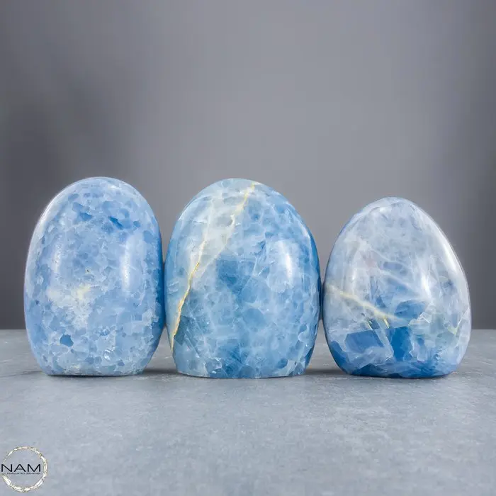 Blue Calcite freeform shapes – Calming trio in gentle...