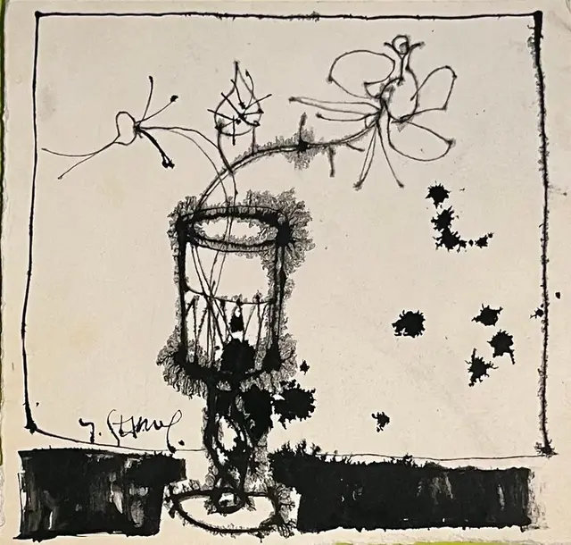 Yves Ganne ( 1931-2019) - Fleurs dans un verre à pied...