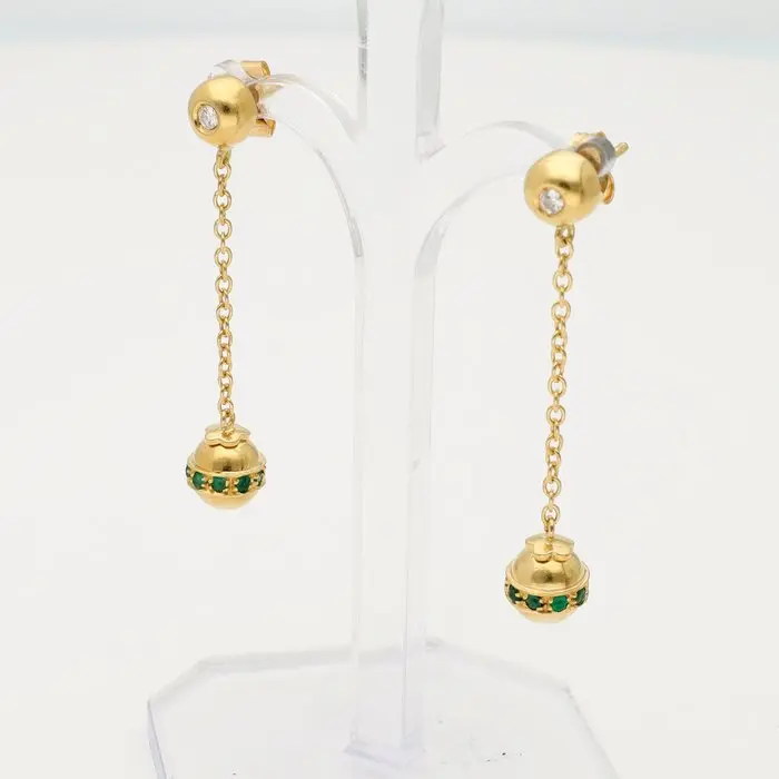 Earrings - 18 kt. Yellow gold Diamond (Natural) - Emerald
