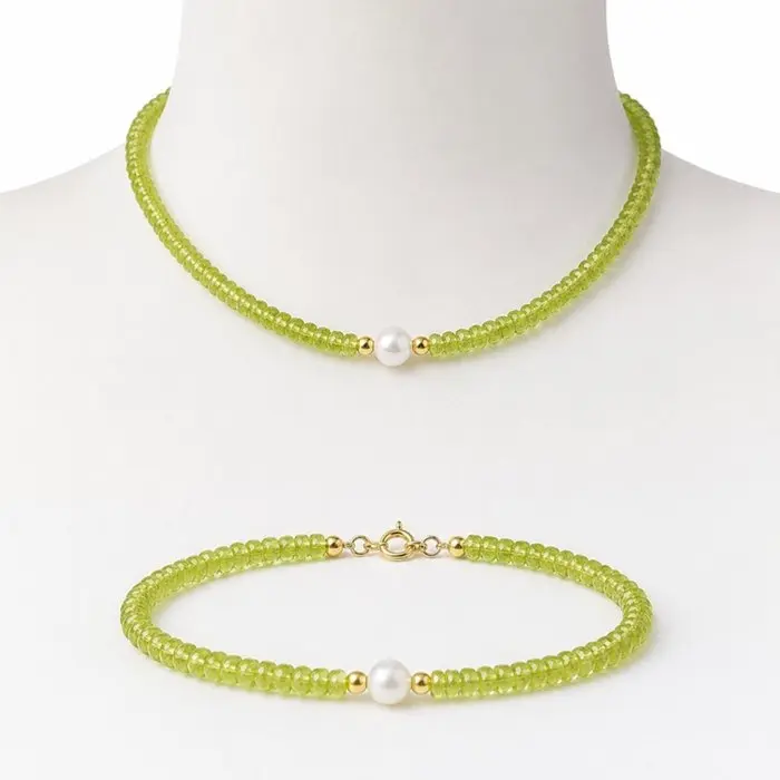 No reserve price - Necklace - 18 kt. Yellow gold Peridot - Pearl