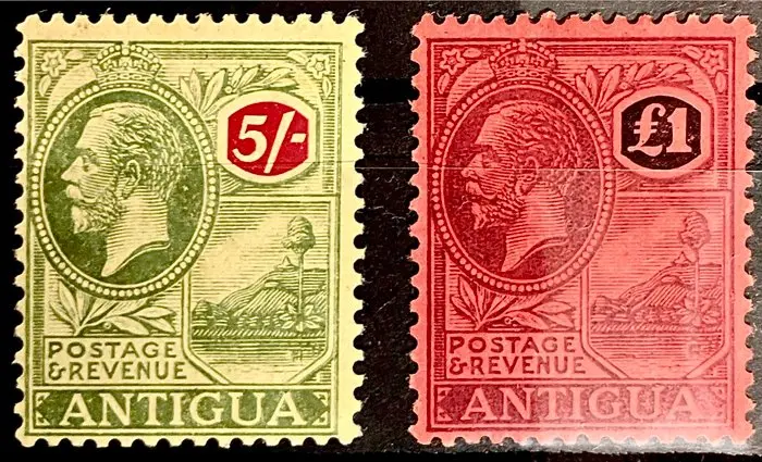 Brittiska samväldet 1921 - Antigua - Kung Georg V. 3 L - 1 £ Michel nr 38–44 komplett, oanvänd MH * Kw : 350.-€+ - Michel