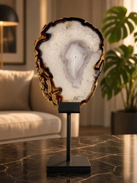 Very unique agate crystal slice on stand Polished...