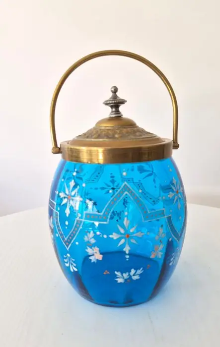 Pot - Antique Victorian Blue Glass Biscuit Barrel with...