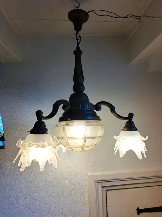 Hanging lamp - Glass, Brass, Metal - Art nouveau/ art deco