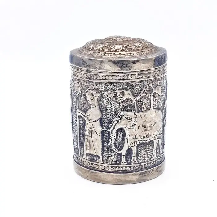 Ancient Nepalese Silvered Copper Medicine Herbs Box with...
