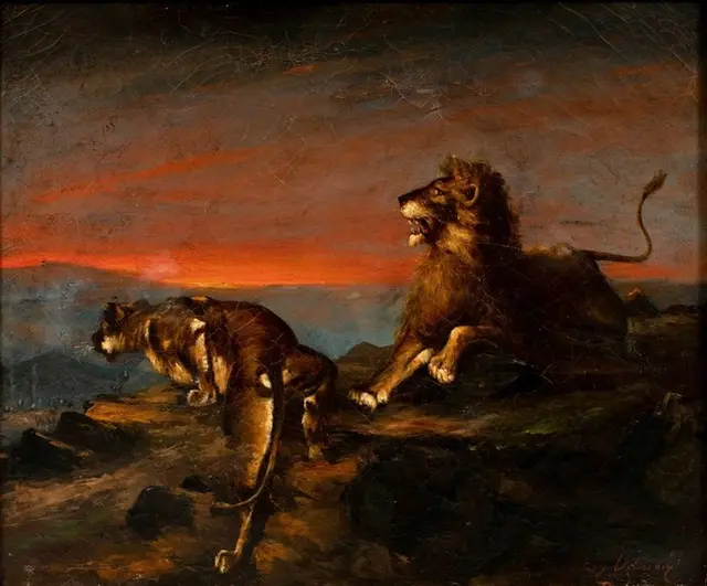 French school (XIX) - Lion and lioness at sunset
