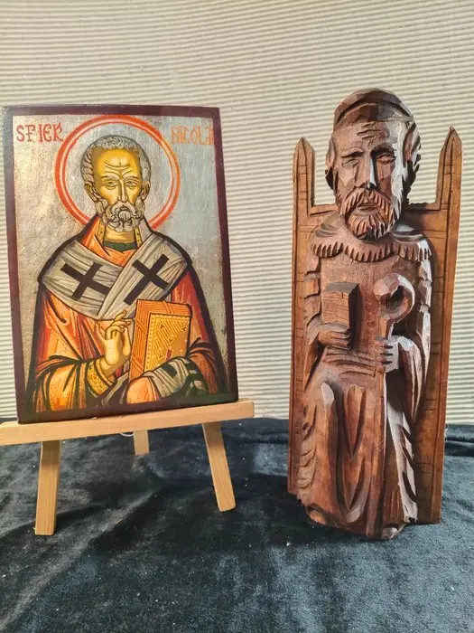 Figure - Sa Nicola di Mira (2) - Wood, Pigments, silver leaf