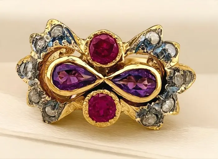 No reserve price - Ring - 9 kt. Yellow gold, Silver Amethyst - Ruby