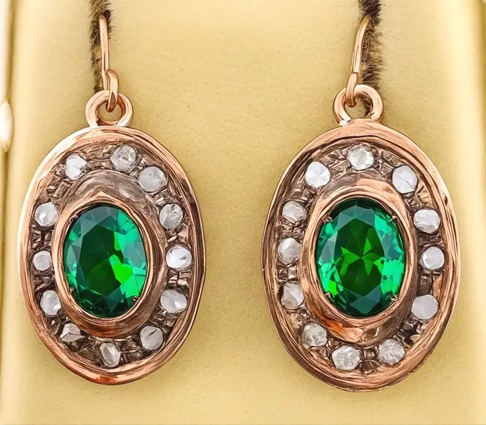 No reserve price - Earrings - 9 kt. Rose gold, Silver Emerald - Diamond