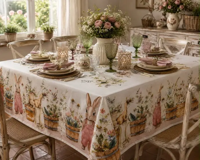 Delightful bucolic tablecloth laid out with floral decoration