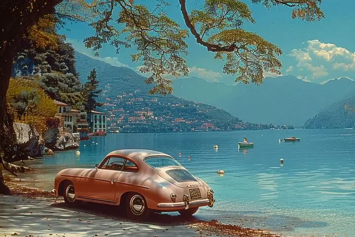 CREATIVE_HUB - PANORAMIC VINTAGE PORSCHE ON A COMO LAKE RIVE XXL 40 x 120 cm