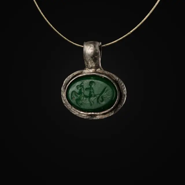 Ancient Roman Silver Pendant, Eros Riding a Hippocampus Intaglio