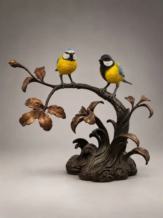 Sculpture, Koolmees & pimpelmees op tak – handbeschilderd - 27 cm - Bronze