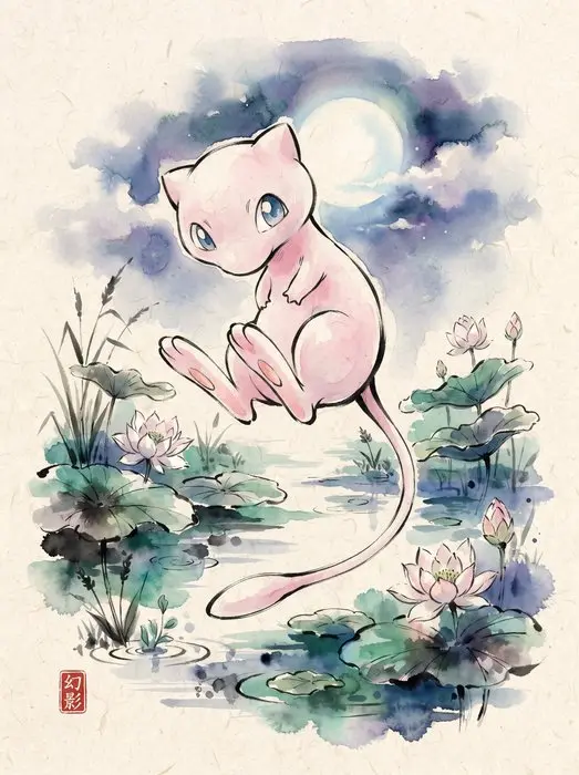 Henshin (Marco Celante) - Mew | Lotus Pond Moonlight Sumi-e Pokémon