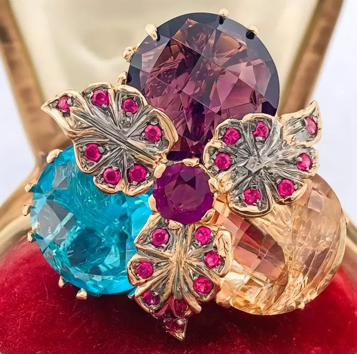 No reserve price - Ring - 9 kt. Rose gold, Silver Topaz - Amethyst