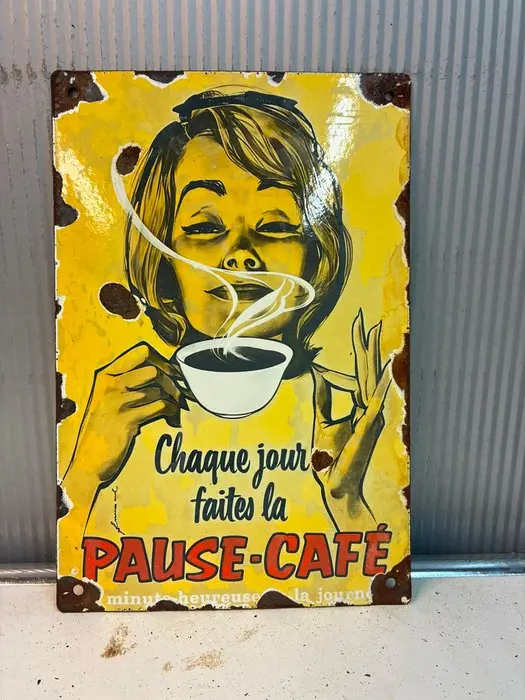 Pause-Café – Franse Koffiereclame – Emaille Reclamebord - Enamel sign - Enamel