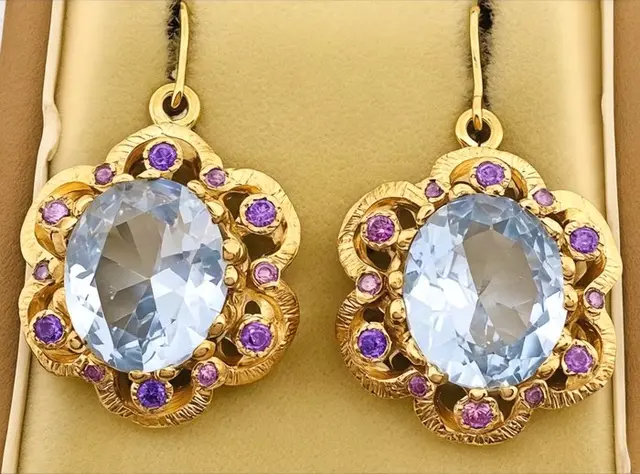 No reserve price - Earrings - 9 kt. Yellow gold, Silver Aquamarine - Amethyst