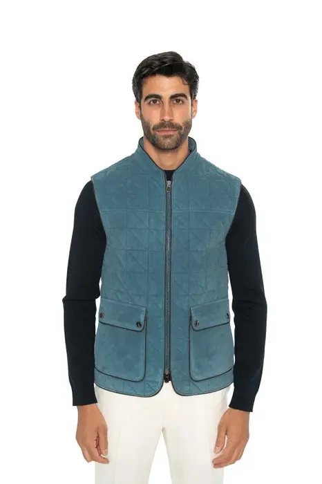 ISAIA NAPOLI - 50 IT - Teal Blue Quilted Jacket Vest 100% Lambskin Leather - Gilet - Nuovo con etichette
