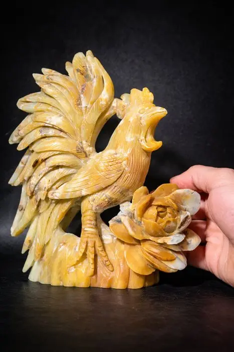 Golden Yellow Aragonite Rooster Carving with Flower...