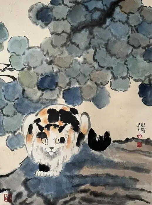 INK AND COLOR ON PAPER PAINTING‘CAT’《猫石图》 - Attributed to - China