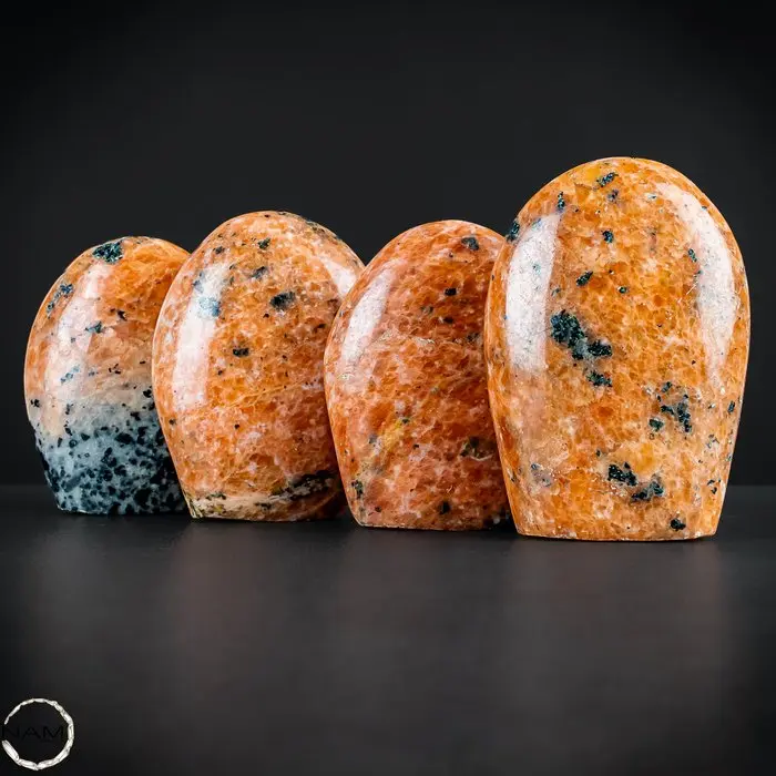 Orange calcite with black tourmaline – 4 hand-polished...