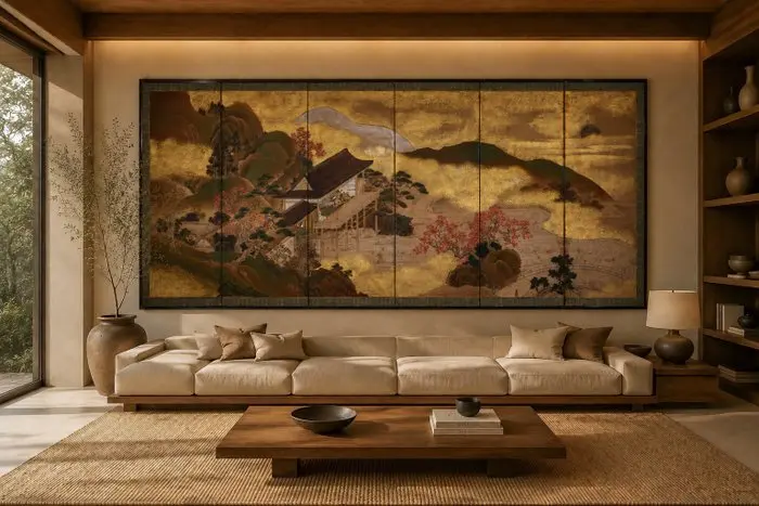 An evocative six-panel folding screen depicting depicting...