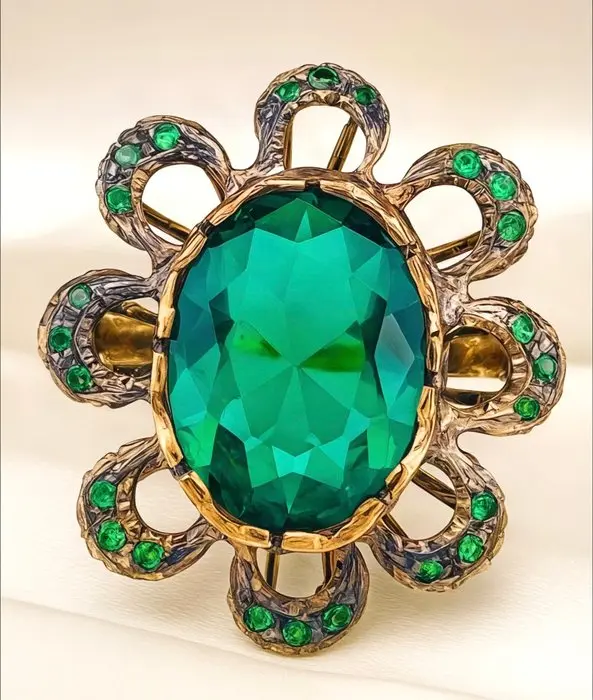No reserve price - Ring - 9 kt. Rose gold, Silver Emerald - Emerald