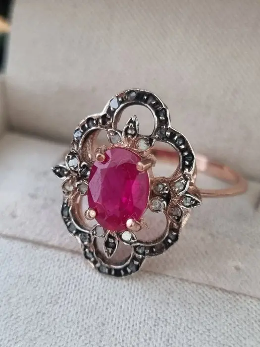 No reserve price - Ring - 9 kt. Silver, Rose gold Ruby - Diamond