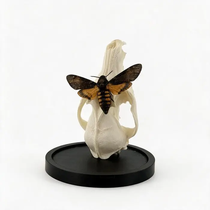 Death's-head hawkmoth on a roe deer skull