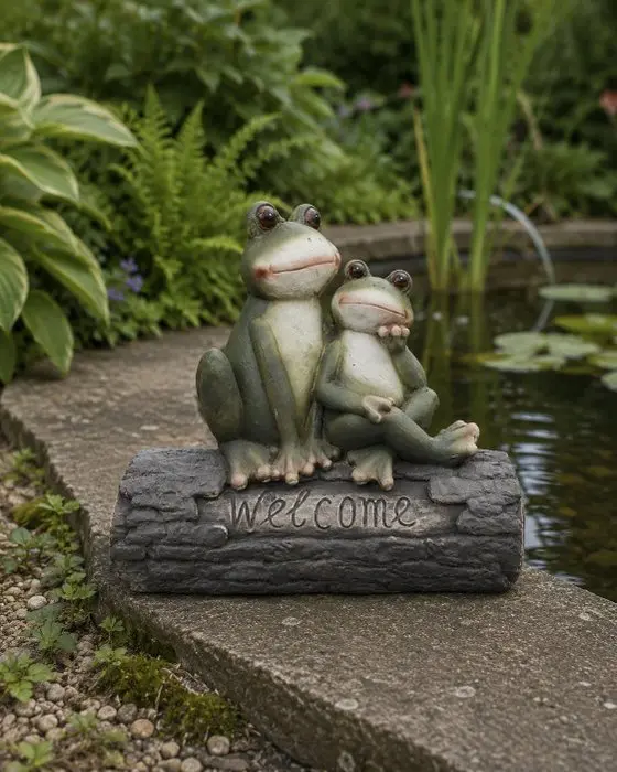 Statue, garden statue 2 frogs on tree trunk - 41 cm - polyresin