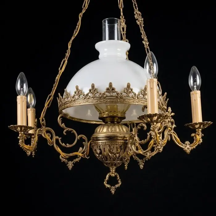 Chandelier - Gilt brass, Opaline glass - Messing kroonluchter in o