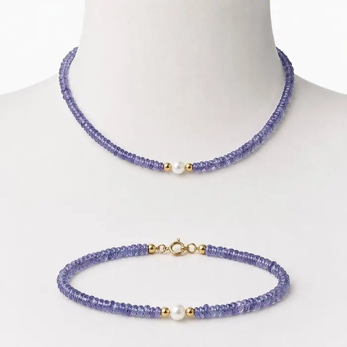 No reserve price - Necklace - 18 kt. Yellow gold Tanzanite - Pearl