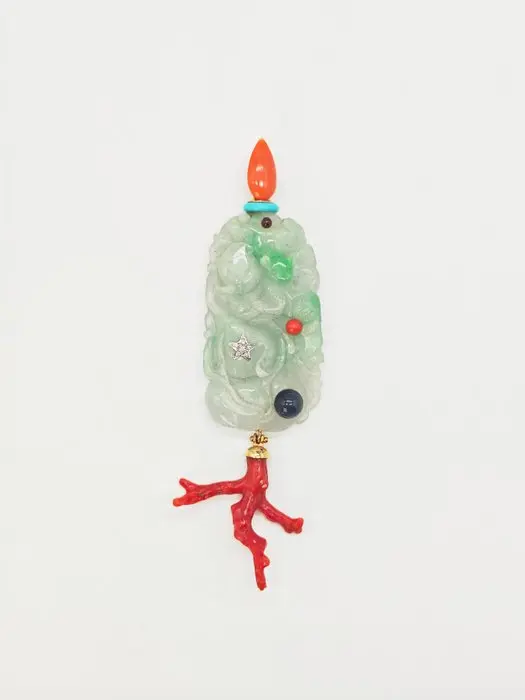 Pendant - 18 kt. Yellow gold Jade - Coral - Diamonds, Onyx, Turquoise