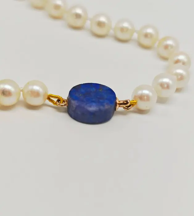 No reserve price - Necklace - 18 kt. Yellow gold - Akoya pearls, lapis lazuli