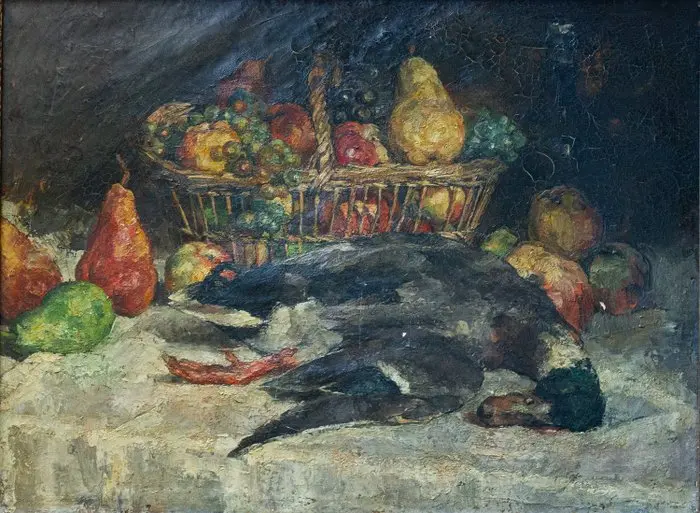 Léon Navez (1900-1967) - Nature morte au col vert et fruits