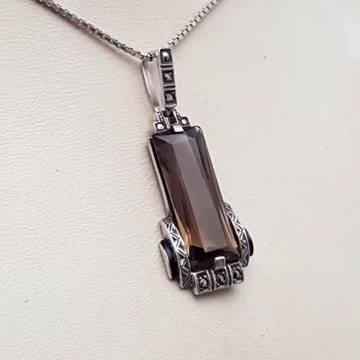 Silver, Art Deco, Smoky Topaz (Tested) - Necklace with pendant - +