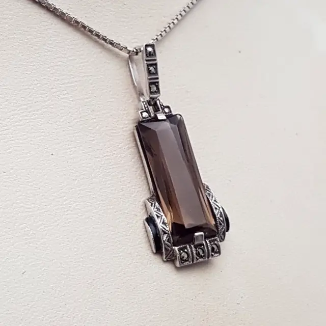 Silver, Art Deco, Smoky Topaz (Tested) - Necklace with pendant - +