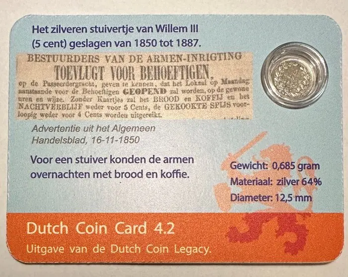 Netherlands. Coin Card Stuiver Willem III in Dutch Coin Card (No reserve price)