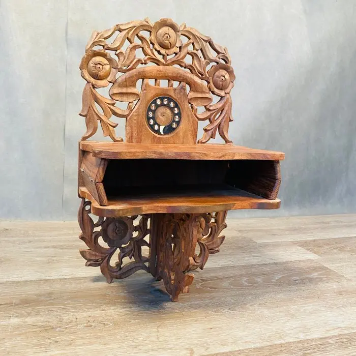 Wall shelf unit - Wood - 1950s solid wood carved phone shelf.
