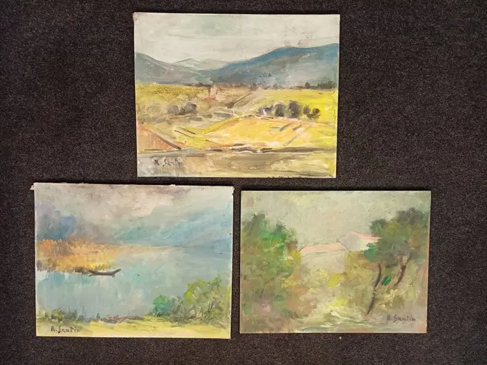 René Sautin (1881-1968) - Lotto di tre dipinti con Paesaggi in Normandia